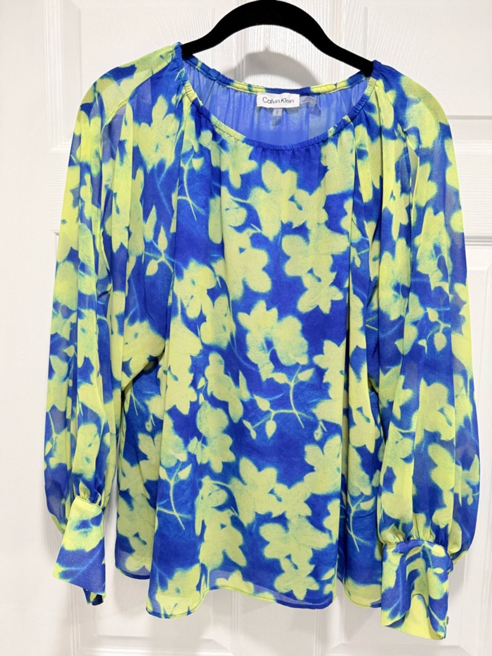 Calvin Klein Blue and Lime Floral Long-Sleeve Women’s Blouse L NWOT